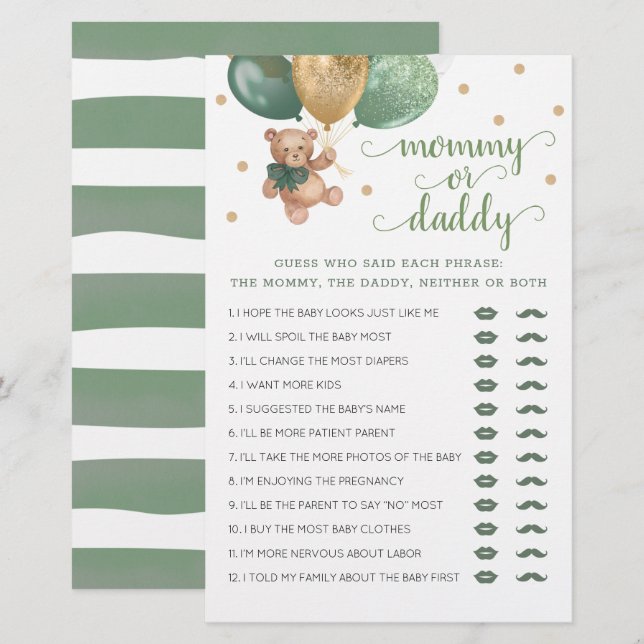 Mommy or Daddy Game Baby Shower Teddy Bear  (Front/Back)