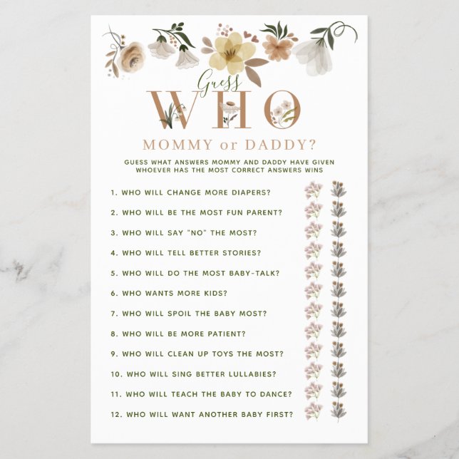 Mommy or Daddy Game Boho Floral Baby Shower Flyer (Front)