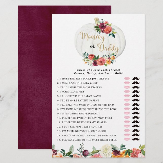 Mommy or Daddy game fall floral pumpkins (Front/Back)