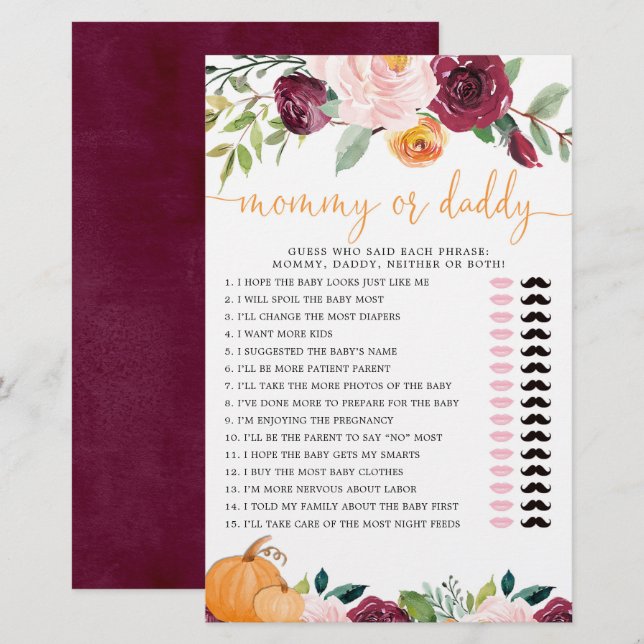 Mommy or Daddy game Fall floral pumpkins (Front/Back)