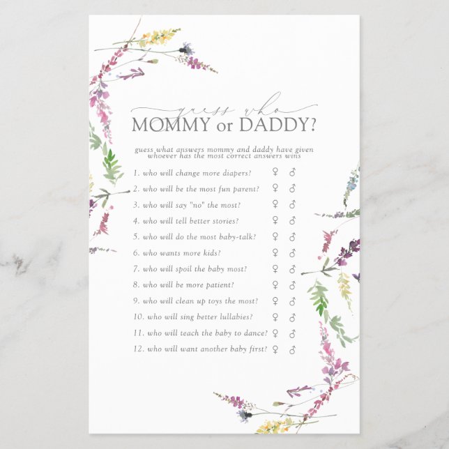 Mommy or Daddy Game Pastel Wildflower Shower Flyer (Front)