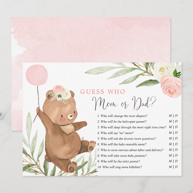 Mommy or Daddy game pink floral teddy bear Invitation (Front/Back)