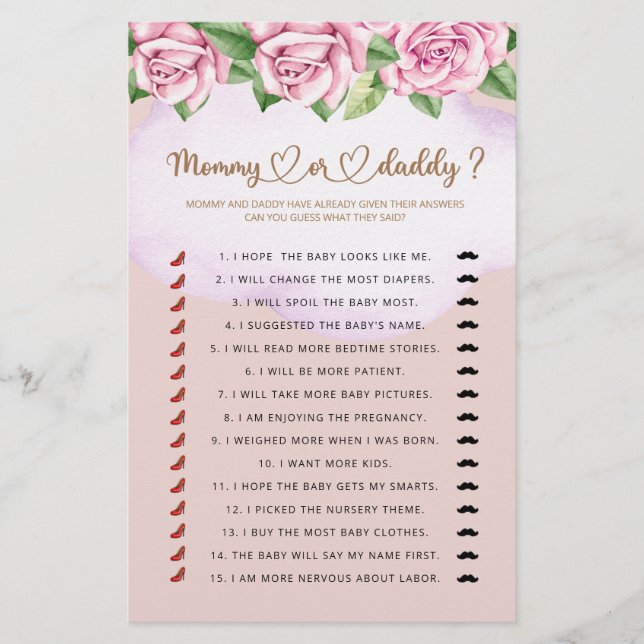 Mommy or daddy girl baby shower game (Front)