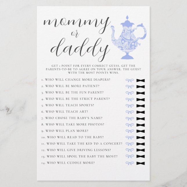 Mommy or Daddy Guess Tea Party Boy Baby Shower Flyer (Front)