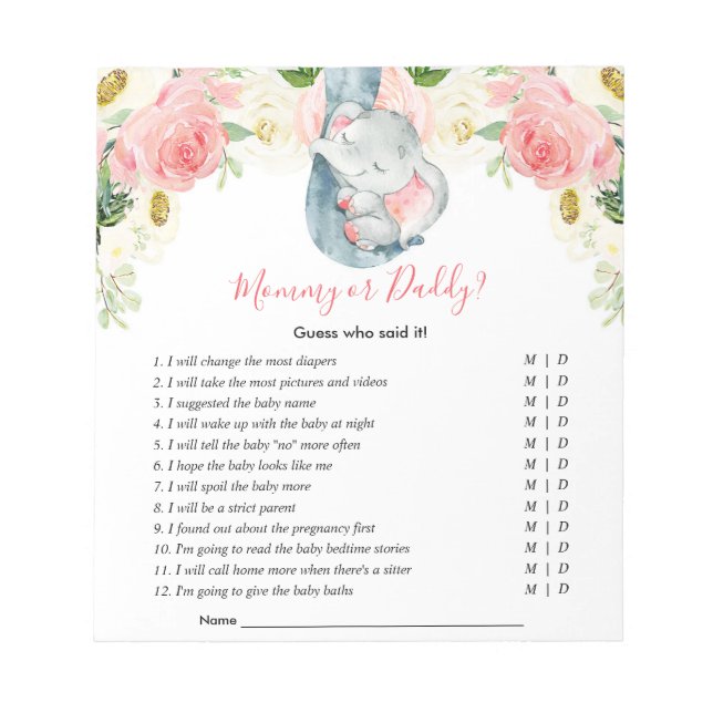 Mommy or Daddy Guess who said it baby shower game Notepad (Front)