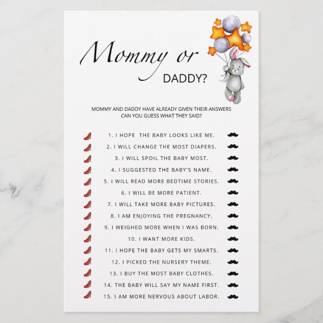 Mommy or daddy little bunny baby shower game (Front)