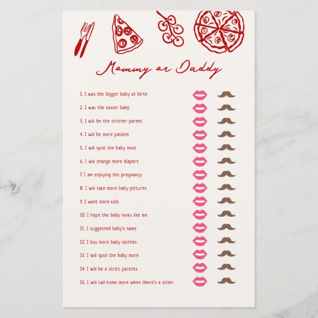 Mommy or Daddy Pizza Baby Shower Games (Front)