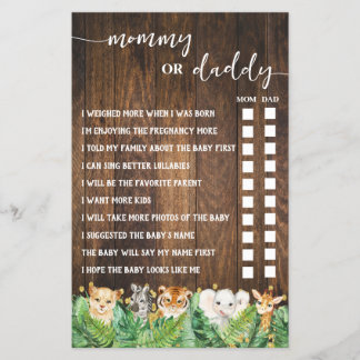 Mommy or Daddy Safari Baby Shower Game Card