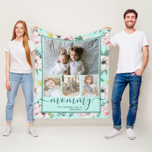 Mommy Personalized Flower Pattern Photo Collage Fleece Blanket