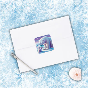 Mommy Polar Bear with Cub Square Sticker
