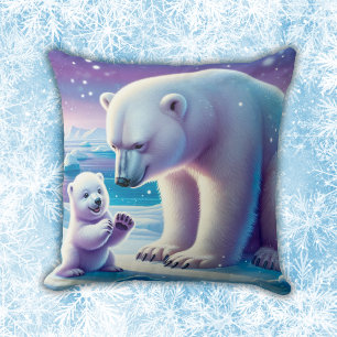 Mommy Polar Bear with Cub   Throw Pillow