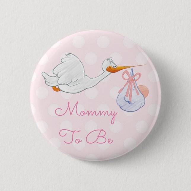 Mommy to be Baby Shower Button Pink Stork (Front)