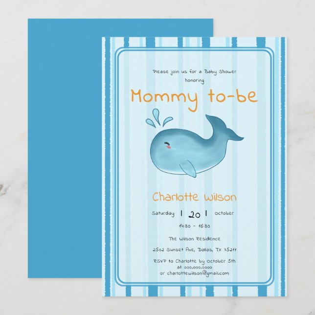 Mommy To Be Cute Whale Baby Shower Invitation (Front/Back)
