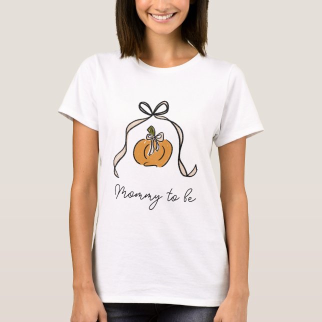 Mommy to Be Halloween Pumpkin Ribbon Baby Shower T-Shirt (Front)