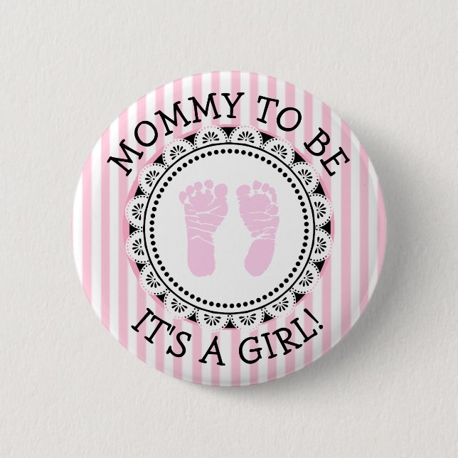 "Mommy To Be" Pink and black Baby Shower Button (Front)
