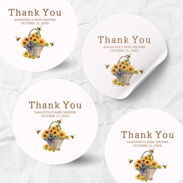 Mommy to Bee Baby Shower Classic Round Sticker (Mommy to Bee Sunflower Baby Shower Sticker)