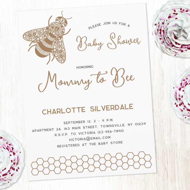 Mommy to Bee Baby shower Invitation (Modern gener neutral honeybee Mommy to Bee personalized baby shower invitation with custom text)