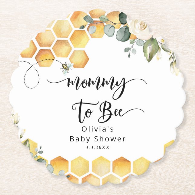 Mommy to bee bumble bee baby shower paper coaster (Front)