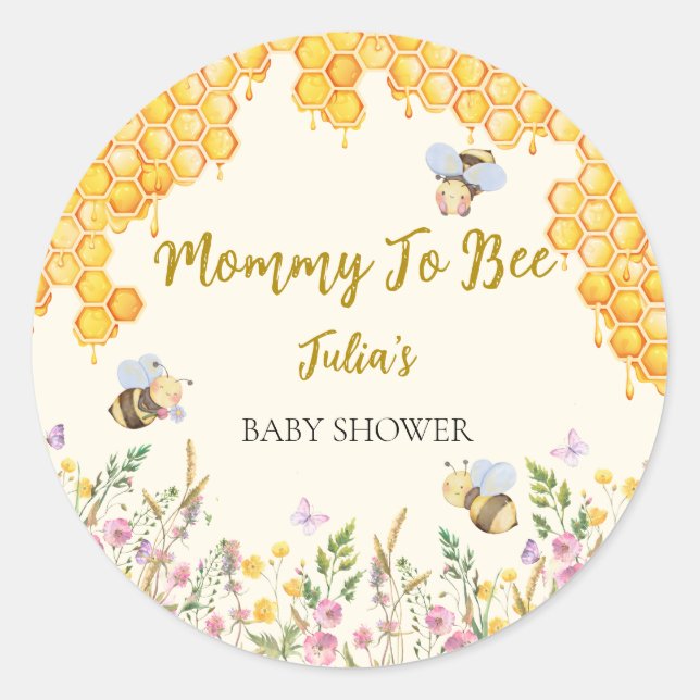 Mommy to Bee Cute Bumblebee Floral Baby Shower Classic Round Sticker (Front)