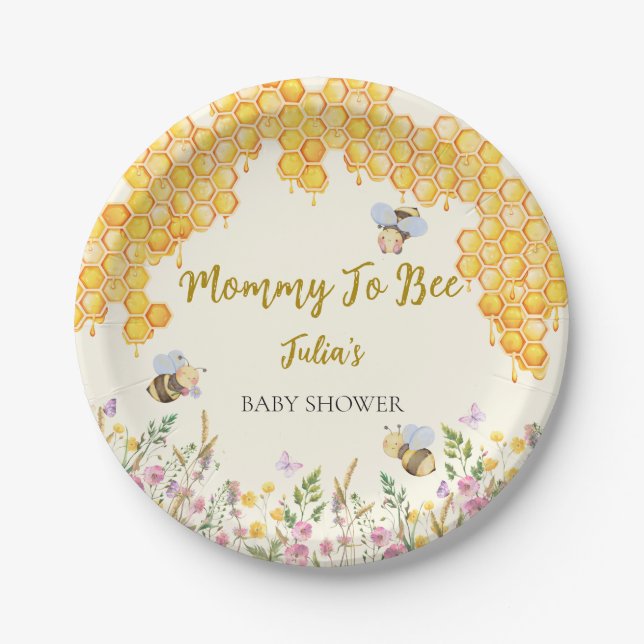 Mommy to Bee Cute Bumblebee Floral Baby Shower Paper Plate (Front)