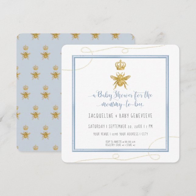 Mommy to Bee Gold Glitter Blue Boy Baby Shower Invitation (Front/Back)