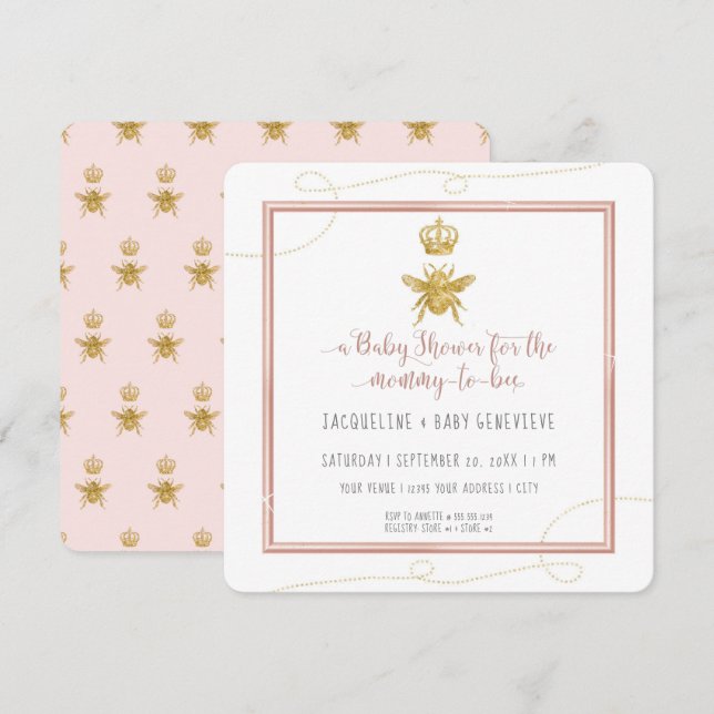 Mommy to Bee Gold Glitter Pink Girl Baby Invitation (Front/Back)