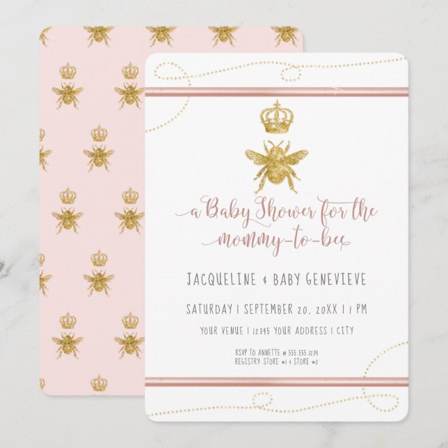 Mommy to Bee Gold Glitter Pink Girl Baby Shower Invitation (Front/Back)