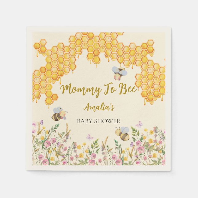 Mommy to Bee Honey Bumblebee Floral Baby Shower Napkin (Front)