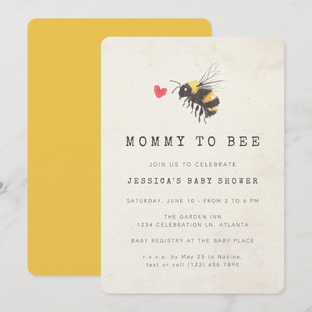 Mommy to Bee Honey Heart Yellow Baby Shower Invitation (Front/Back)