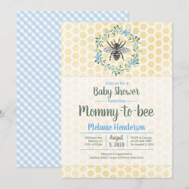Mommy to bee, honeycomb, gingham, boy baby shower invitation (Front/Back)