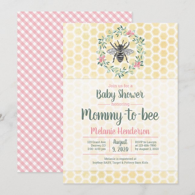 Mommy to bee, honeycomb, gingham, girl baby shower invitation (Front/Back)