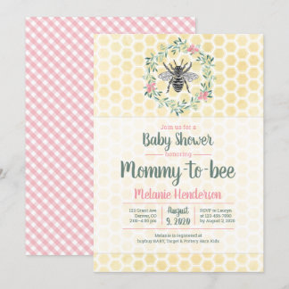 Mommy to bee, honeycomb, gingham, girl baby shower invitation