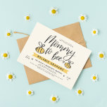 Mommy To Bee Lettering & Honeycomb Baby Shower Invitation<br><div class="desc">This baby shower invitation features "Mommy to bee" in cute script lettering with a little heart and two hand-drawn bees. The mom-to-be's name appears in rustic capitals below against a bold yellow banner. The shower details are at the bottom in a modern layout. All of this is against a pale...</div>