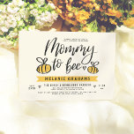 Mommy To Bee Lettering & Honeycomb Baby Shower Invitation<br><div class="desc">This baby shower invitation features "Mommy to bee" in cute script lettering with a little heart and two hand-drawn bees. The mom-to-be's name appears in rustic capitals below against a bold yellow banner. The shower details are at the bottom in a modern layout. All of this is against a pale...</div>