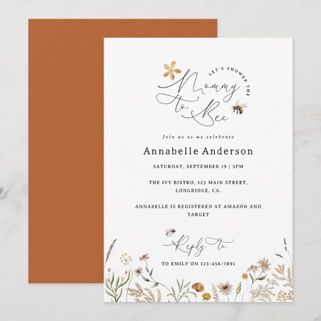 Mommy to bee wildflower baby shower terracotta invitation (Front/Back)