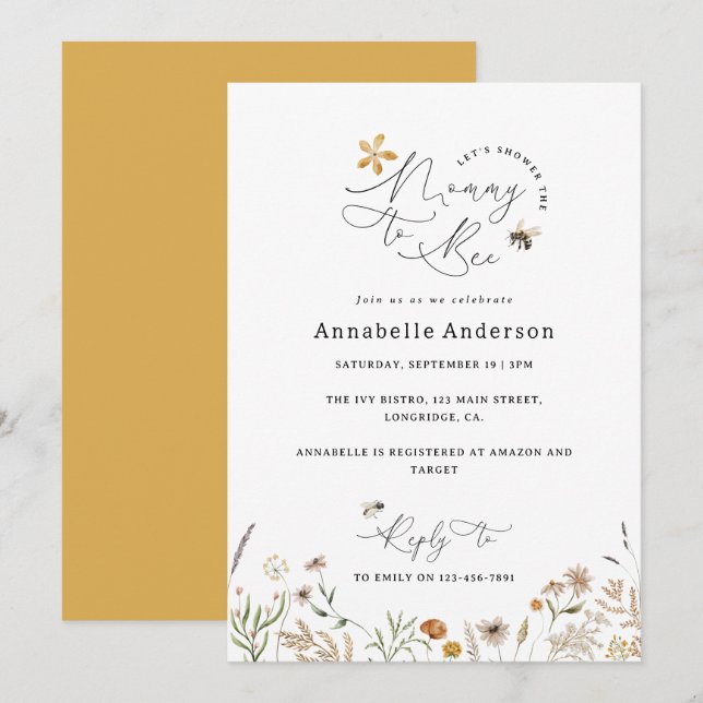 Mommy to bee wildflower baby shower yellow invitation (Front/Back)