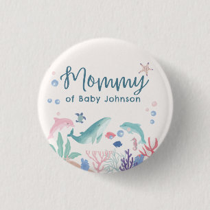 Mommy Watercolor Ocean Baby Shower 1 Inch Round Button