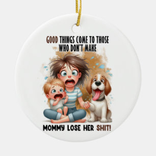 MOMMY WITH BABY AND FUNNY DOG CERAMIC ORNAMENT