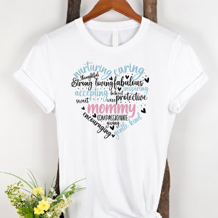 Mommy Word Cloud Blue and Pink Heart T-Shirt