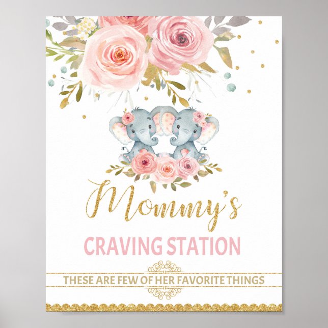 Mommy's Craving Station Elephant Twins Baby Shower Poster (Front)