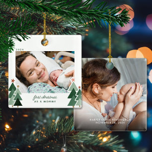 Mommy's First Christmas Rustic Trees Photo Ceramic Ornament