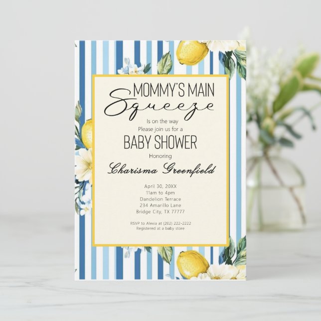  Mommy's Main Squeeze Lemon Blue Boy Baby Shower Invitation (Standing Front)