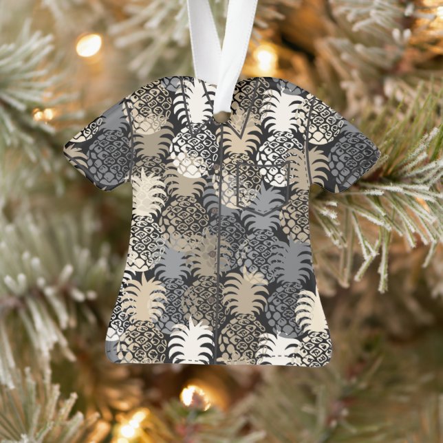 Momona Hawaiian Tropical Pineapple Aloha Shirt-Blk Ornament (Tree)