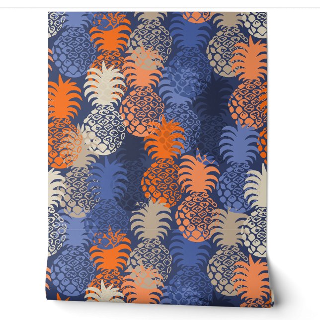 Momona Hawaiian Tropical Pineapple Toss - Navy Wallpaper (Unrolling)