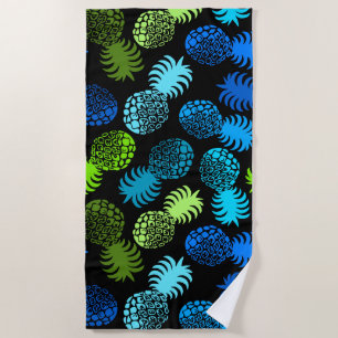 Momona Hawaiian Tropical Pineapple - Turq- Black Beach Towel