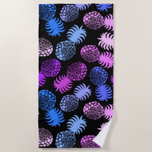 Momona Hawaiian Tropical Pineapple - Violet- Black Beach Towel