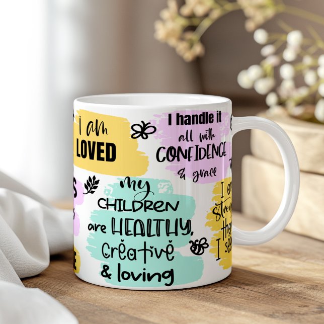 Mom's Affirmation Mother's Day Gift Coffee Mug (Mom's Affirmation Mother's Day Gift Coffee Mug on a boho wooden table.)