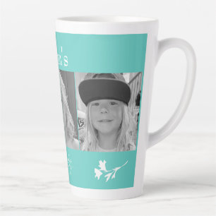 Mom's Angels 3 Photo Turquoise White Floral Latte Mug