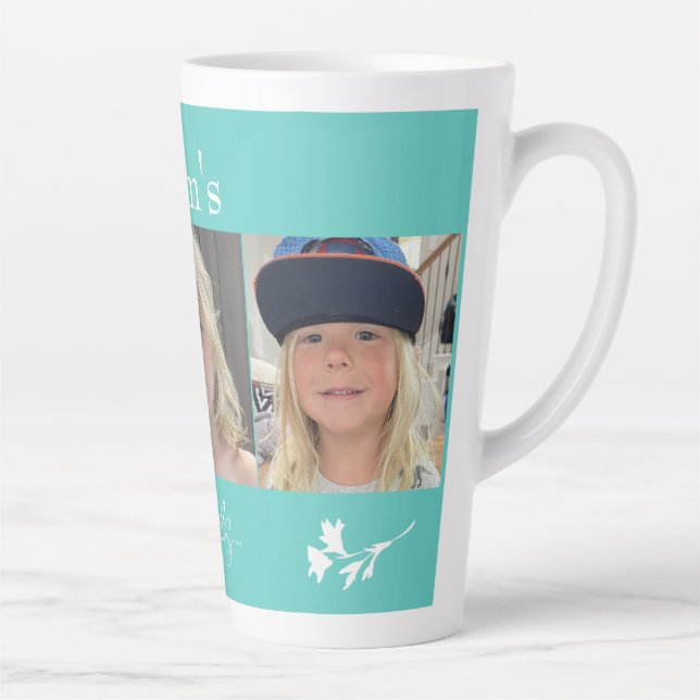 Mom's Angels Collage Photo Turquoise White Floral Latte Mug (Right)