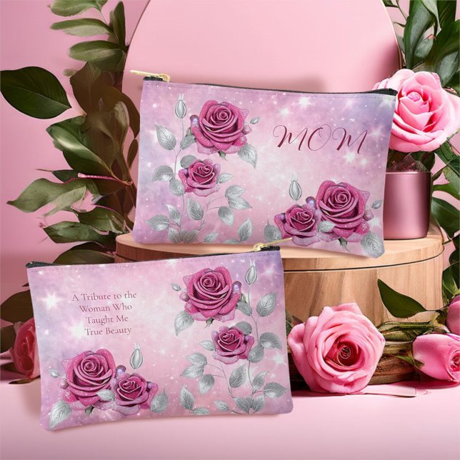 Mom's Cerise Pink Shimmer Rose Makeup Cosmetic Accessory Pouch (Creator Uploaded)